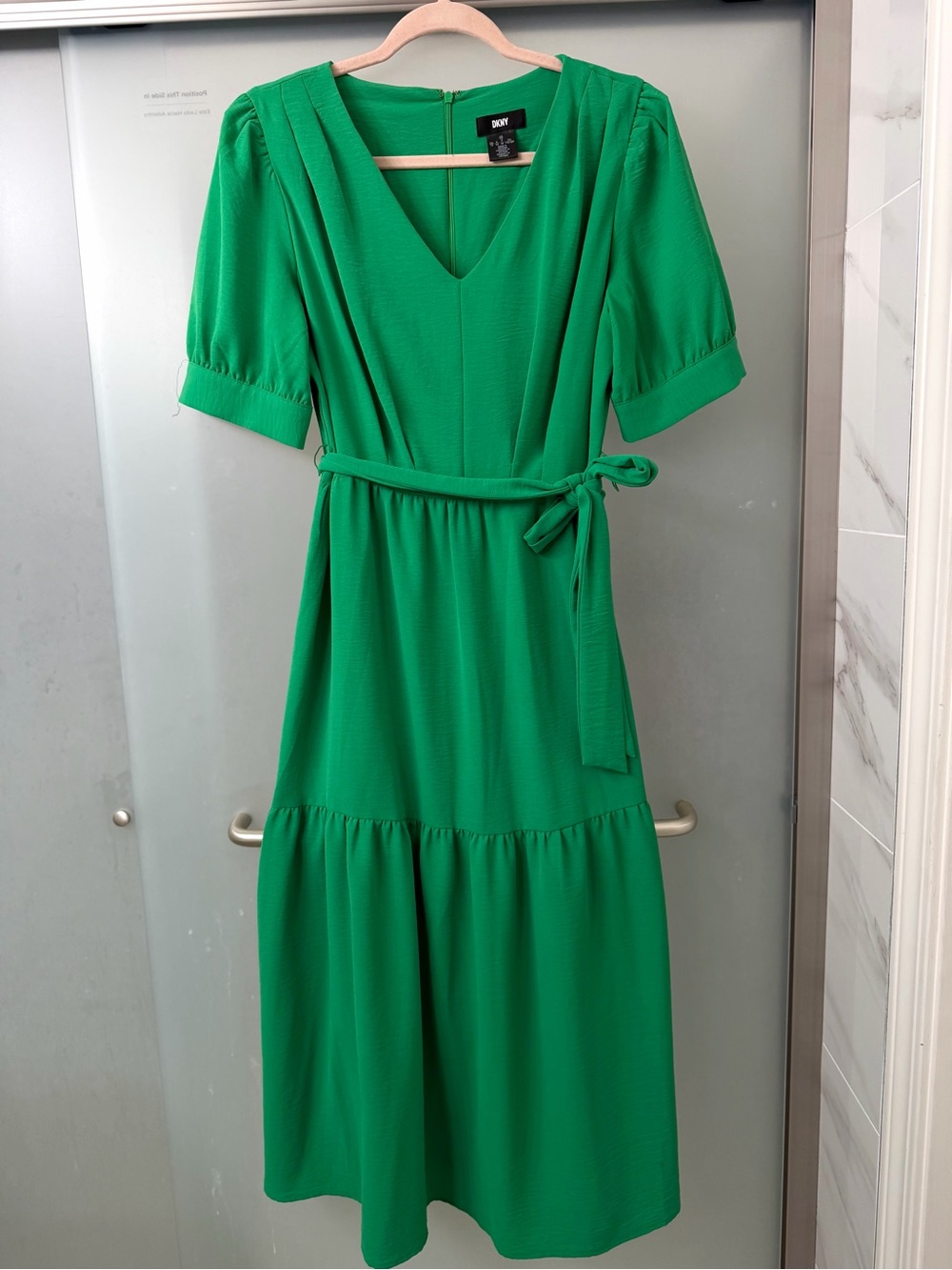 DKNY Green V-Neck Midi Dress with Tie Belt